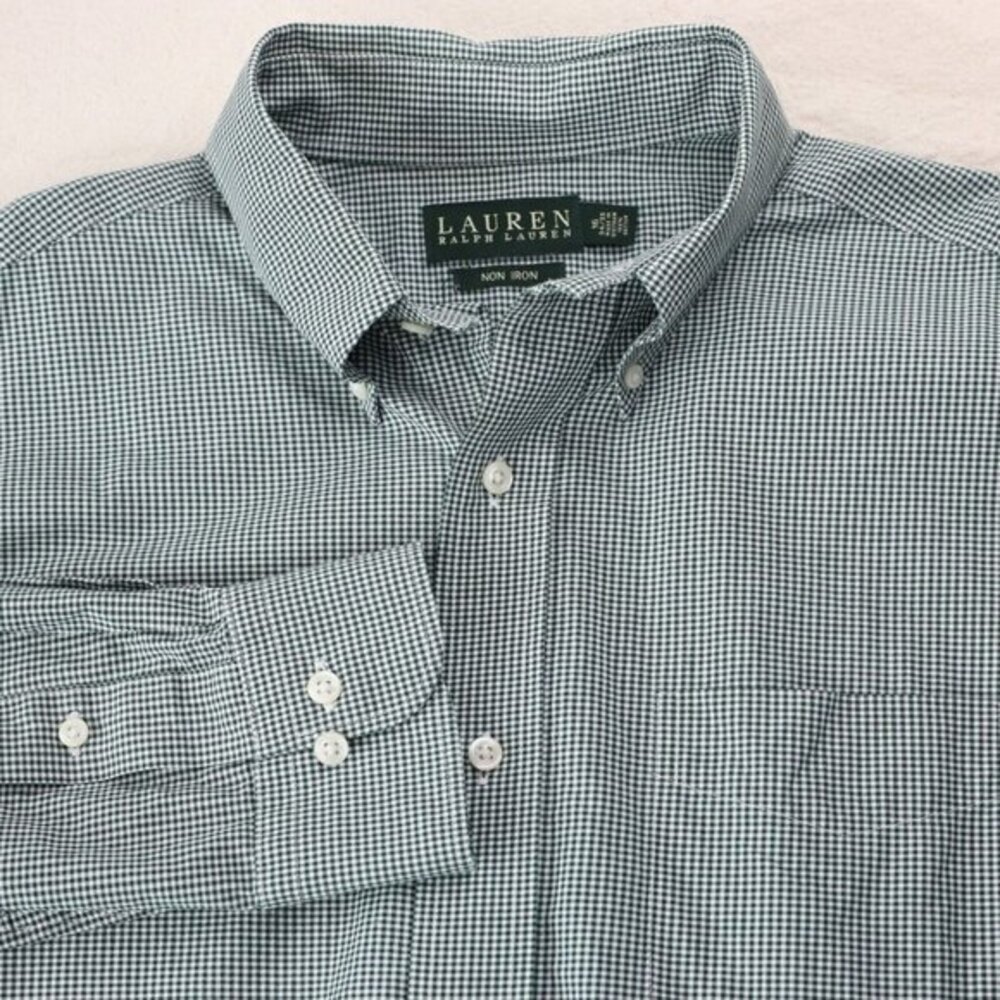 Lauren Ralph Lauren Shirt Mens 16 34/35 Button Down Green Gingham Check Non Iron